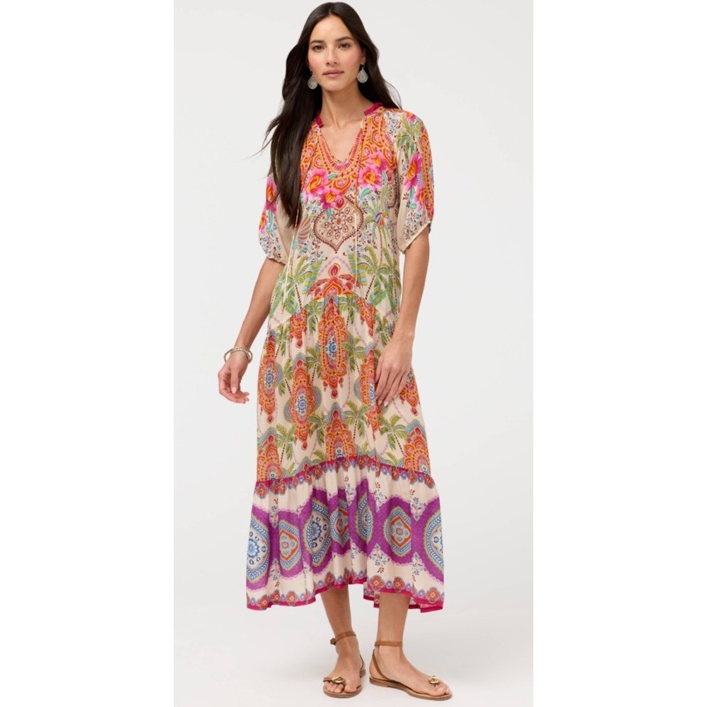 Johnny Was Rusi Tiered Botanical-Print Maxi Dress Silk Blend No Belt MSRP $375 M
